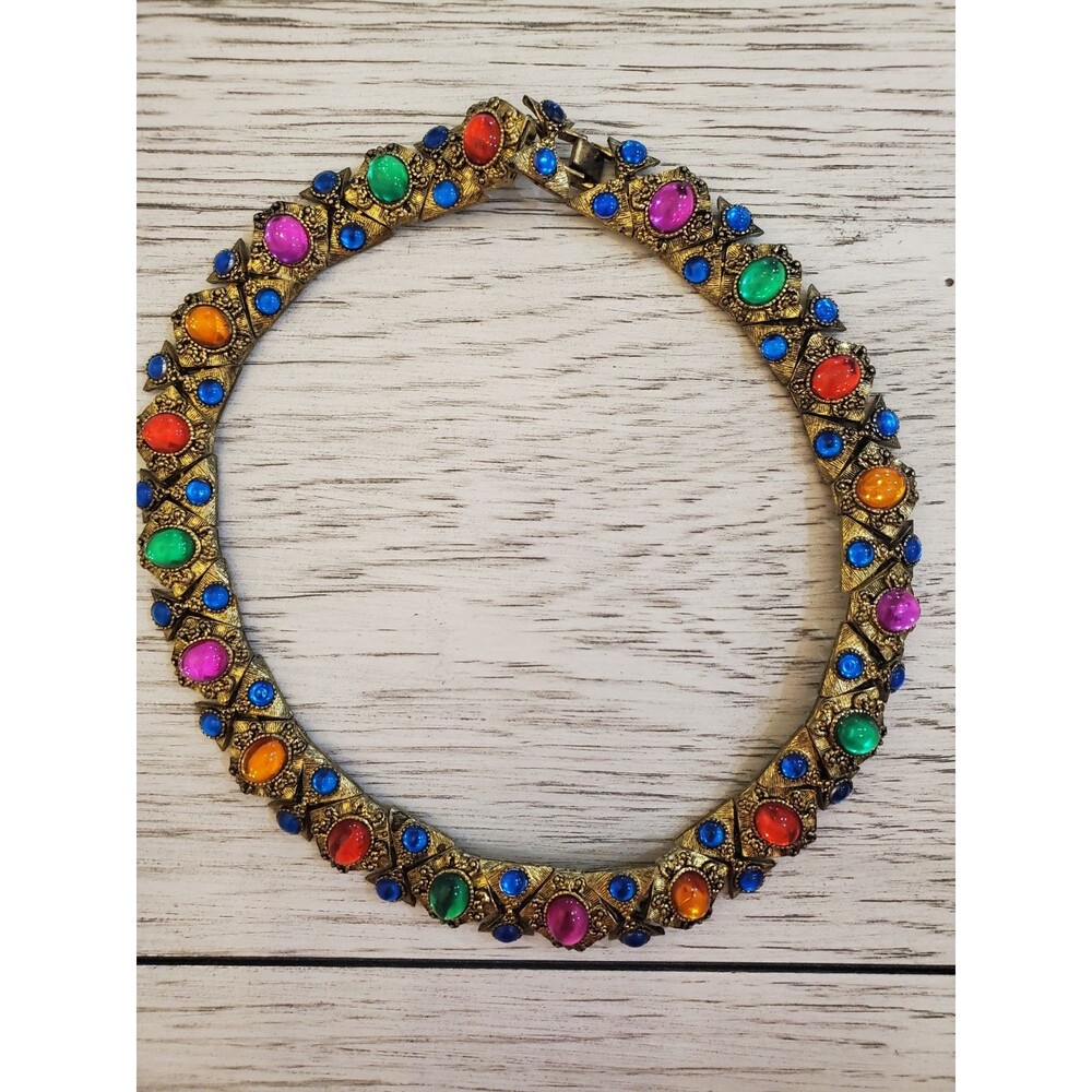 Vintage Gold-Tone Statement Multicolor Glass Cabochon Collar Necklace 18"